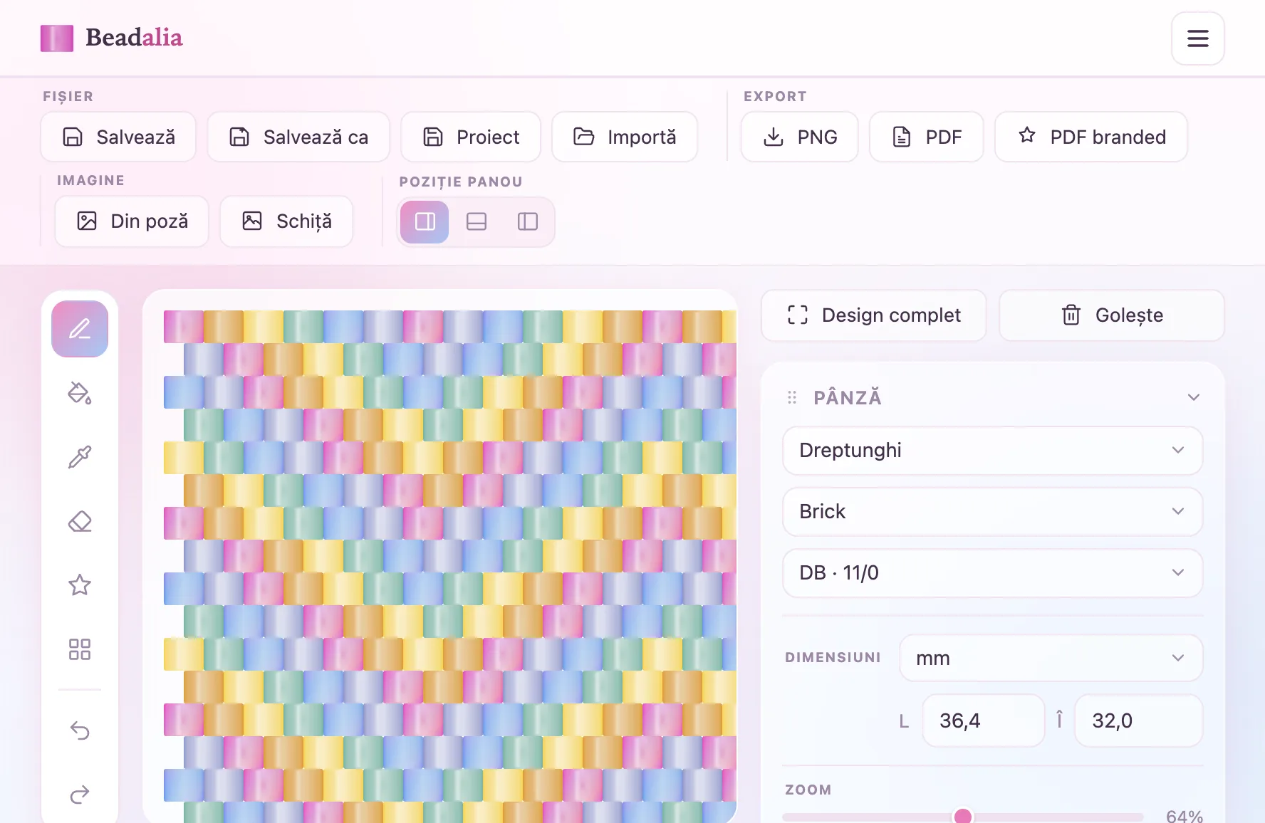 The Beadalia pattern editor: a pink-and-gold chevron bracelet design in Delica beads, next to the color palette.